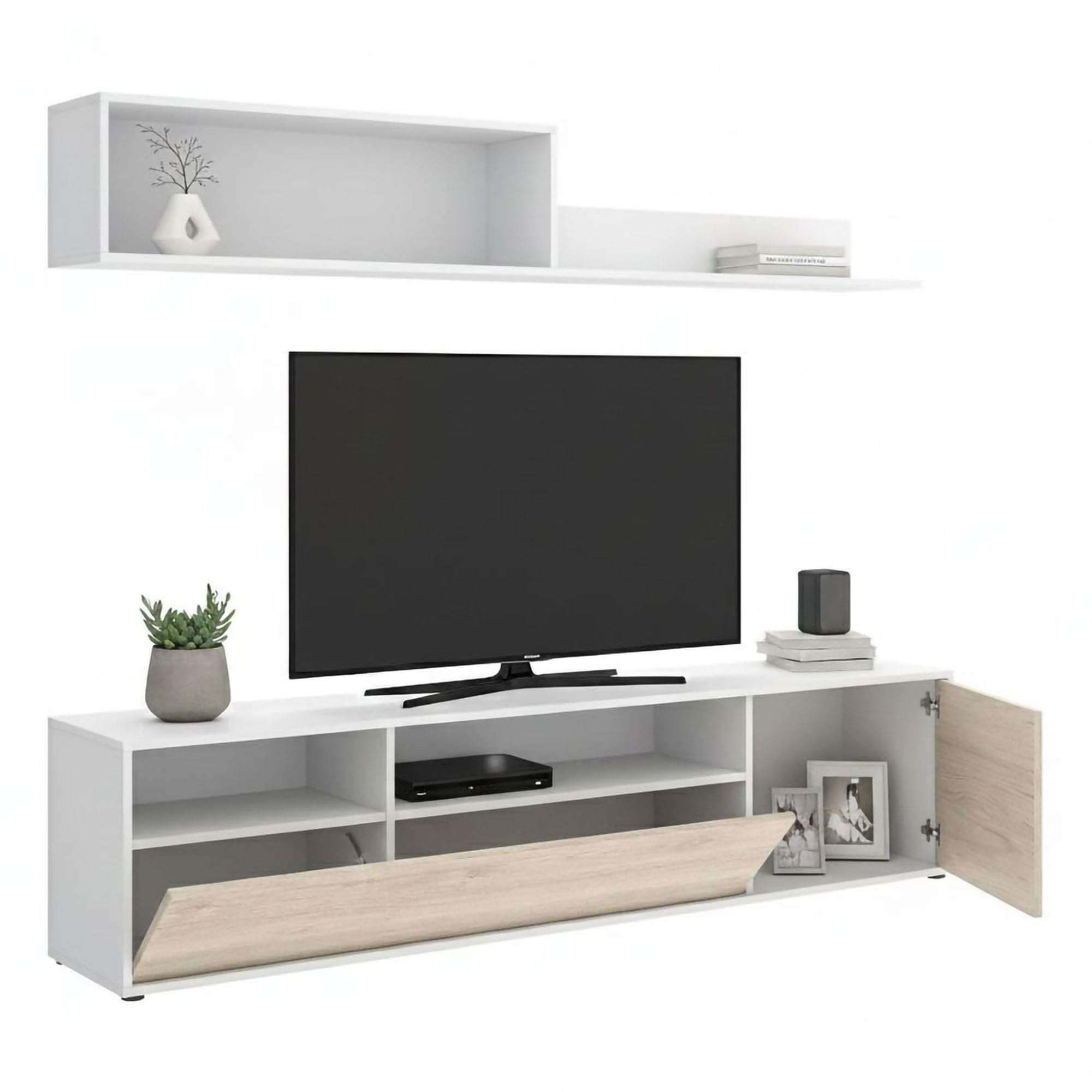 Dmora - Parete attrezzata Gabberi, Composizione soggiorno, Mobile salotto multiuso, Armadio porta TV, 180x35 h44 cm, Bianco e Rovere