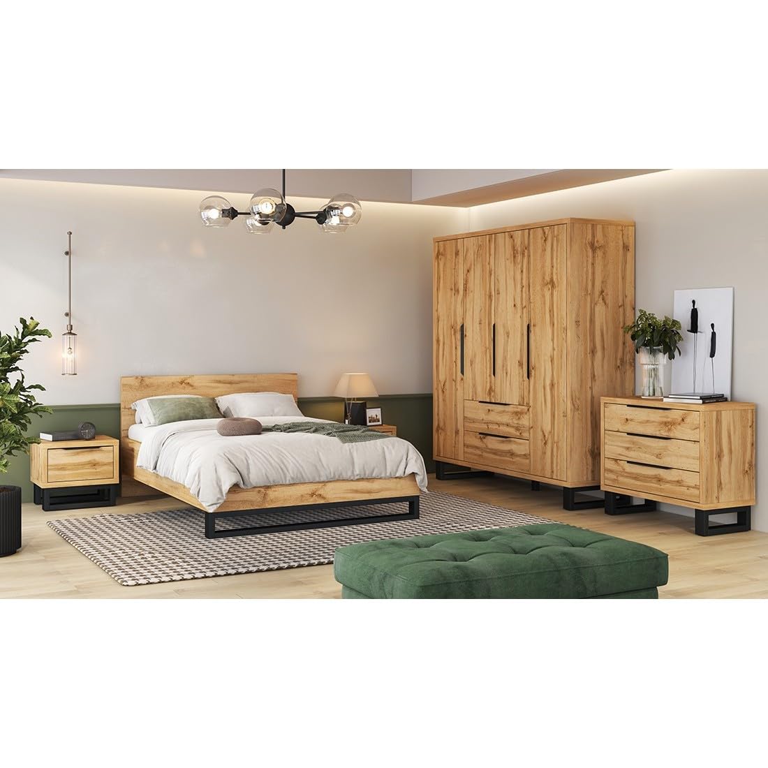 Meublorama Dormitorio Completo Industrial Milos: Armario de 4 Puertas, Cama de 160x200, cómoda, mesitas de Noche, Roble Crudo/Negro.