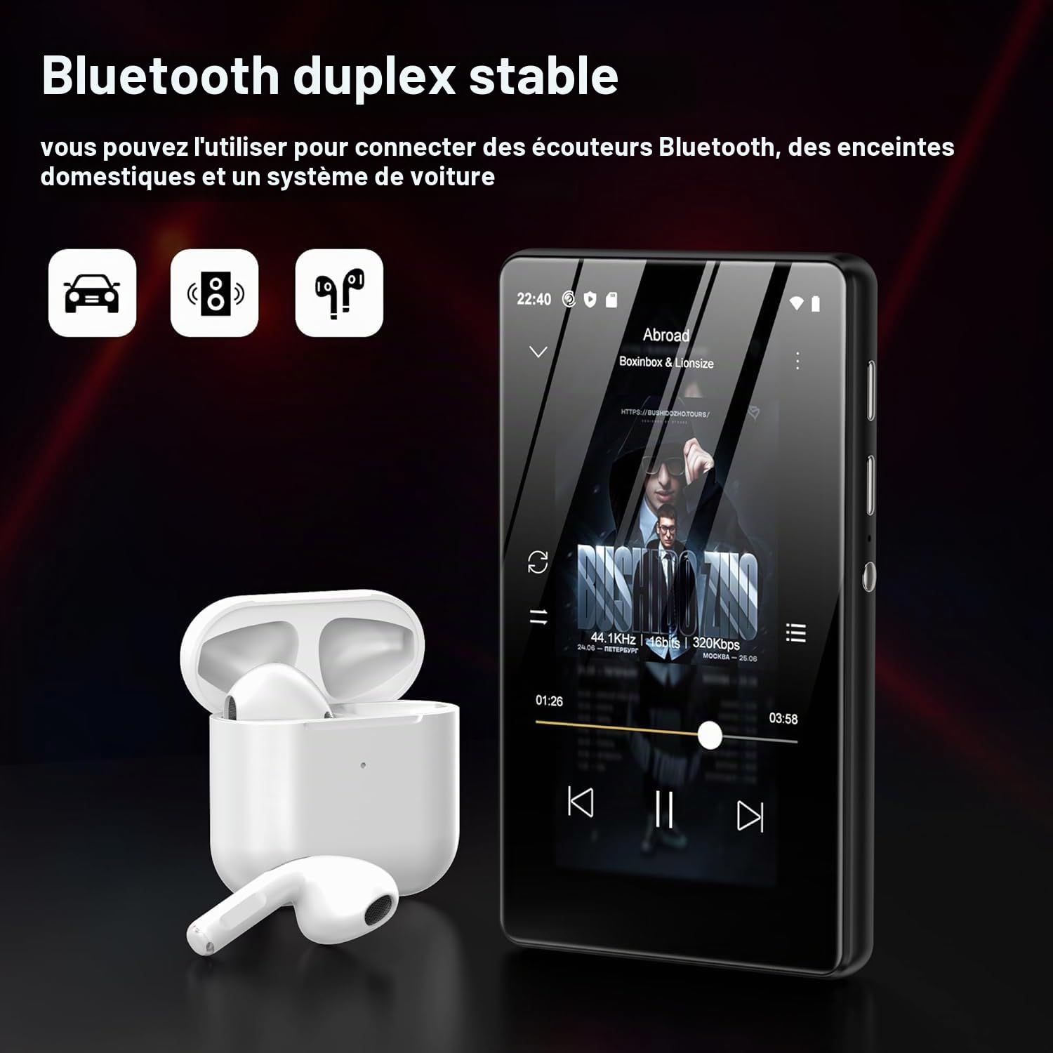 SWOFY Lecteur MP3 et MP4 Android, écran tactile de 4,0" avec Bluetooth et Wi-Fi, prend en charge Spotify, Pandora, Amazon Music, Libby, Audible et navigateur, mémoire extensible jusqu'à 1 To, noir