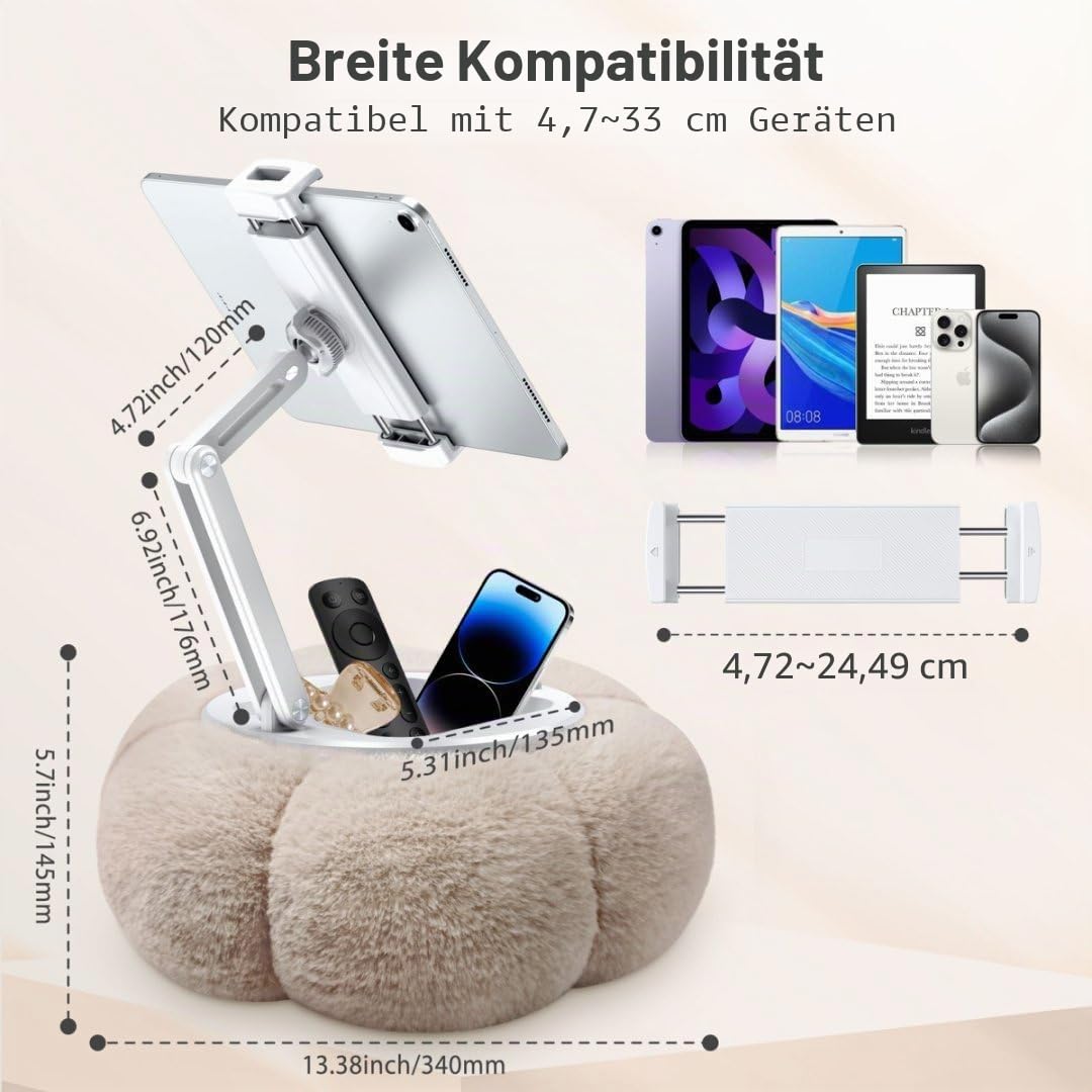 CreaDream Pumpkin Kindle Halterung Kissen, 360° Verstellbarer Tablet IPad Ständer mit Abnehmbarer Snackschale, Kindle Zubehör Kompatibel mit 4,7-13 Zoll Geräten für Bett, Sofa, Videos Shauen (Khaki)