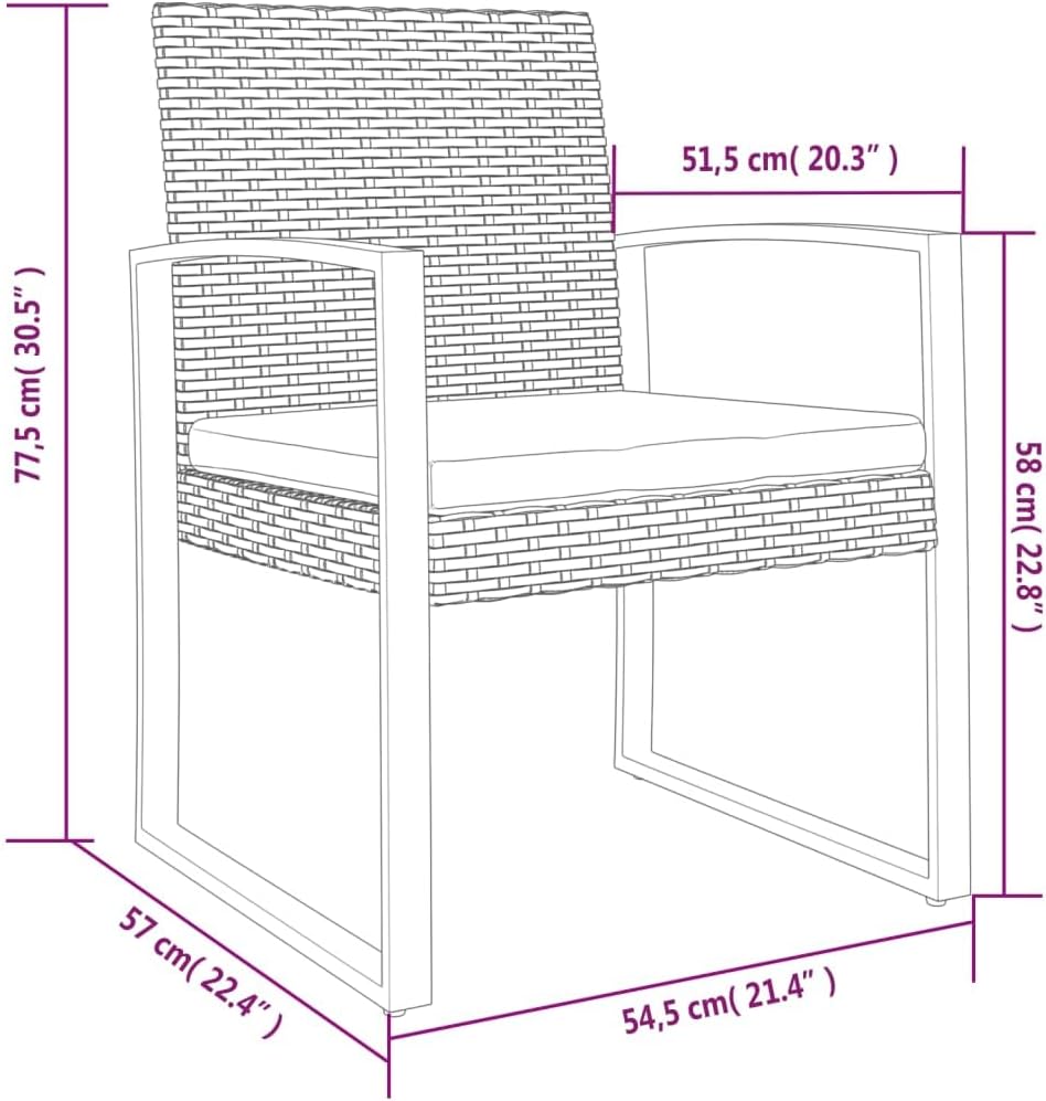 vidaXL Black Patio Dining Chairs Set, PP Rattan - Powder-Coated Steel Frame, Easy-to-Assemble Comfortable Garden Lounge Set with Armrests and Cushions