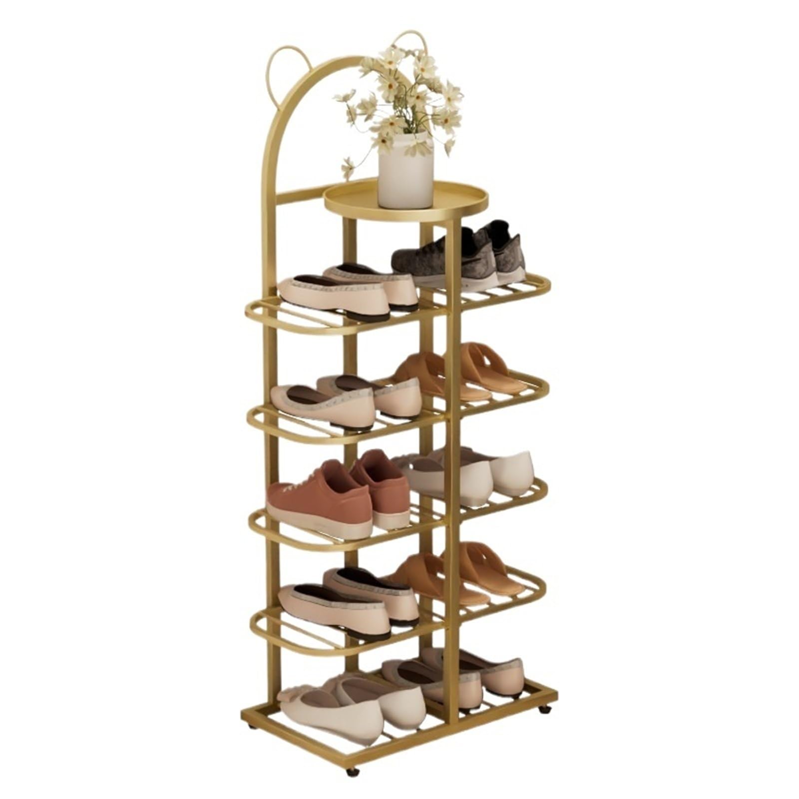 XILEUDUOD Shoe Organizer For Entryway Tube Metal Shoe Rack 5-Tier - Space-Saving Entryway Organizer With Decorative Top Shelf(Orange)