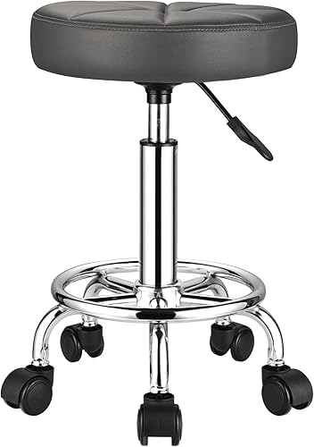 Miniatura 7 de FNZIR Taburete giratorio con ruedas Taburetes rodantes redondos de cuero PU Altura ajustable Blanco