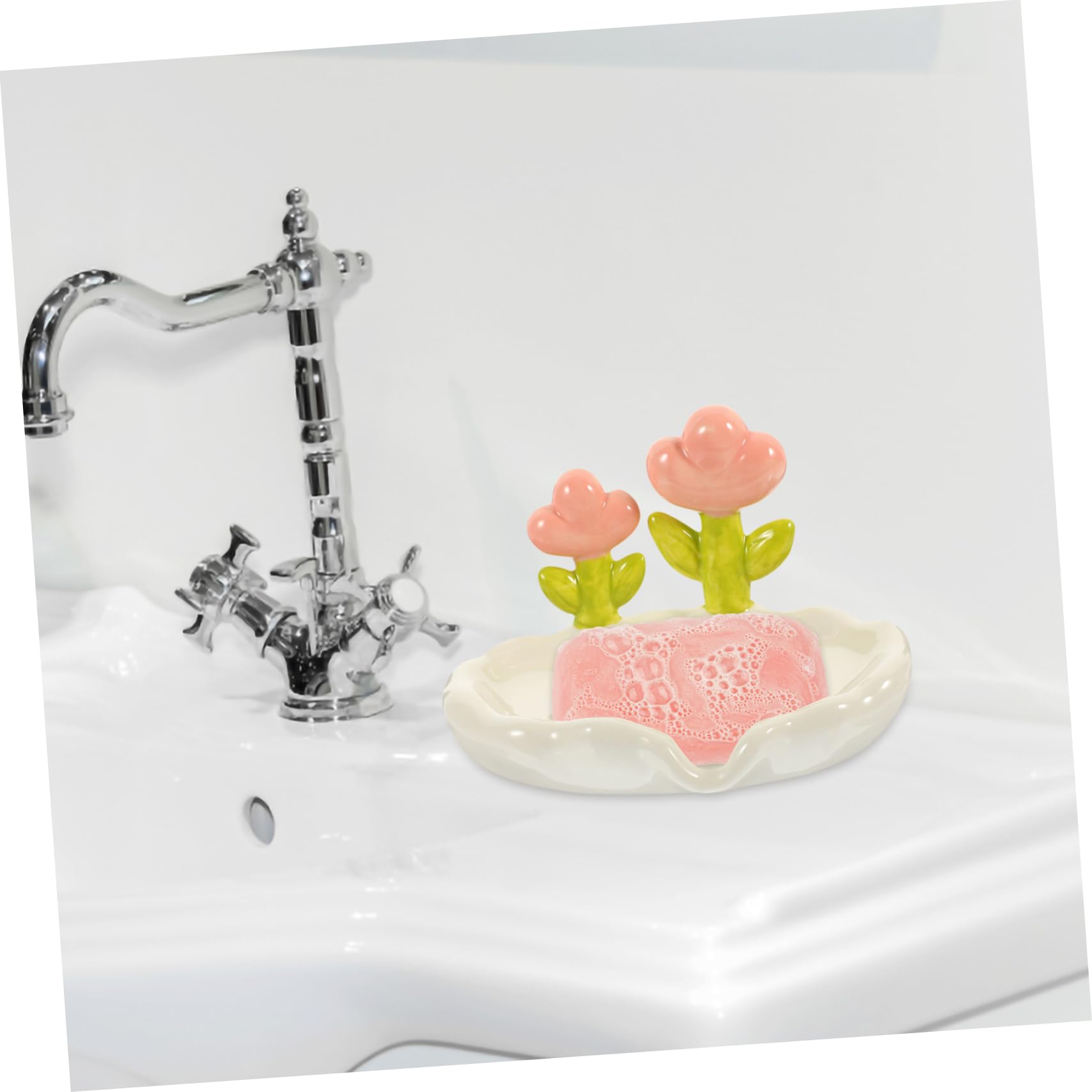 Jabonera de Cerámica Forma de Flor para Encimera de Baño | Escurridor Boca de Drenaje, Vierte el Agua al Lavabo, Uso en Tocador y Cocina