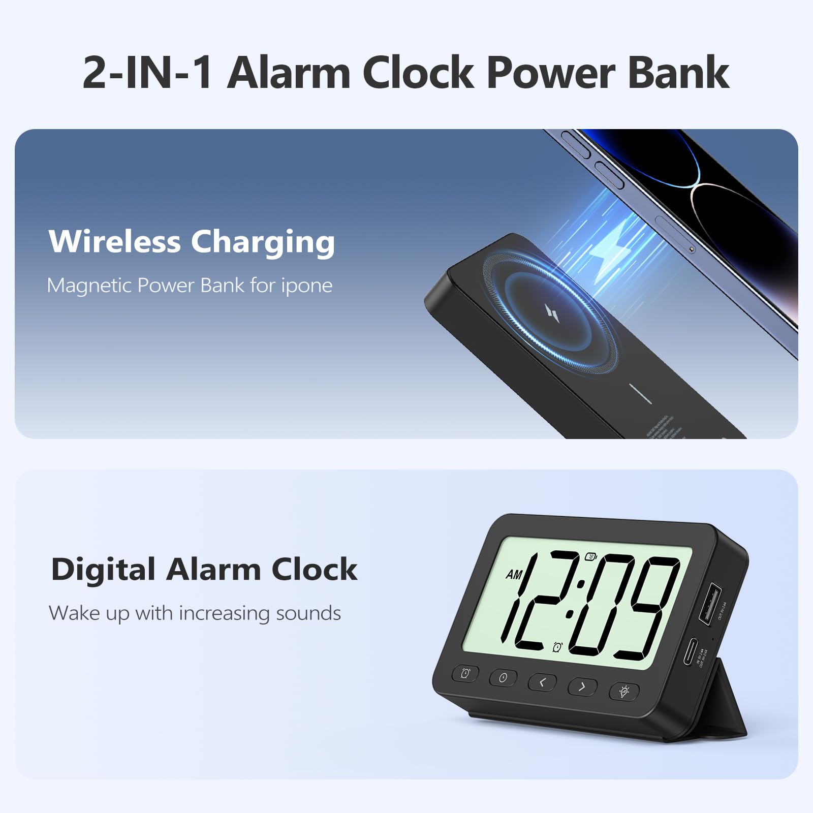 ANJANK Digital Travel Alarm Clock, 6000mAh for MagSafe Battery Pack, Portable Magnetic Power Bank, Wireless Charger for iPhone 16/15/14/13/12, USB-C & USB-A Charging, Foldable LCD Clock with Backlight