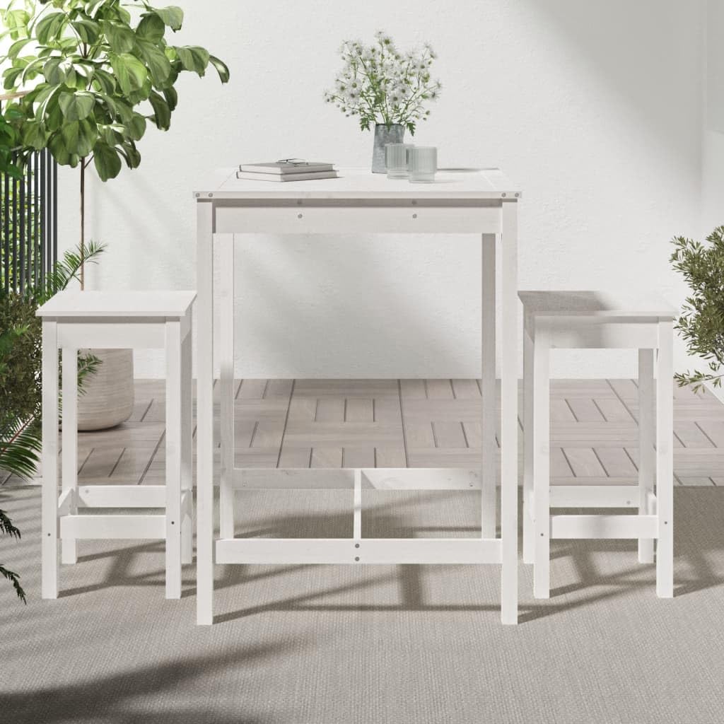 Juego de 3 barras de jardín de madera de pino maciza, color blanco, muebles de balcón, terraza, jardín, porche con mesa resistente y cómodos taburetes para fiestas relajadas y cenas en
