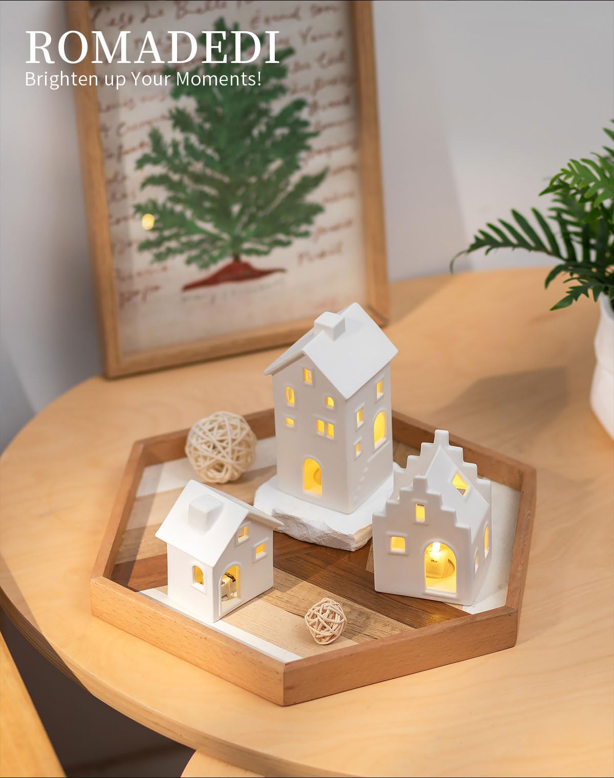 Romadedi Casas blancas de pueblo de Navidad: casa de cerámica, decoración de Navidad, mini juego de pueblo de porcelana con luces LED para mesa, mantel, estante, Navidad, invierno, vacaciones, hogar