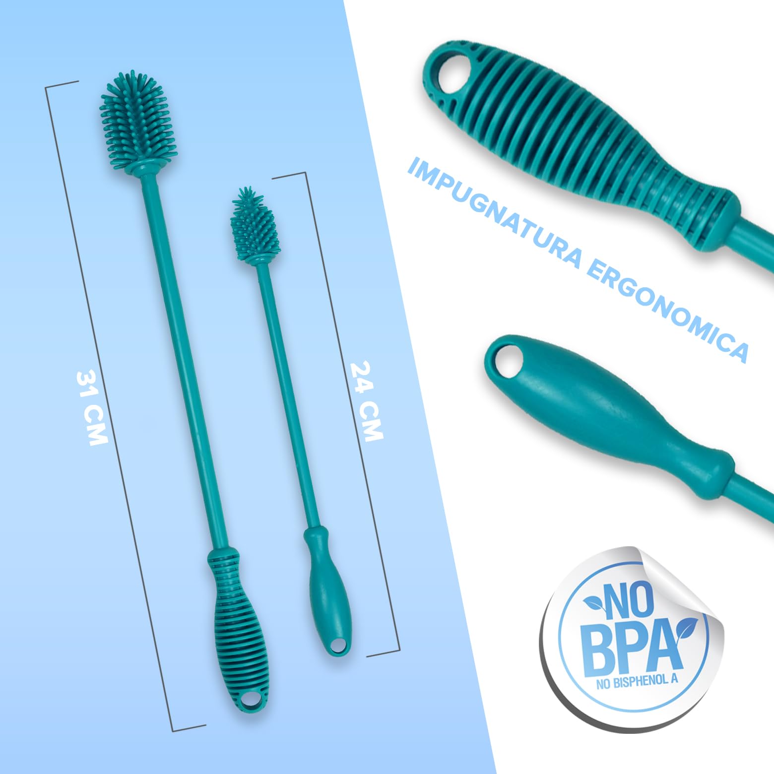 JAWAonline Set di spazzole per lavello 32 cm e 24 cm - Spazzola per bottiglie in silicone delicato e senza graffi - Spazzola flessibile per la pulizia delle bottiglie