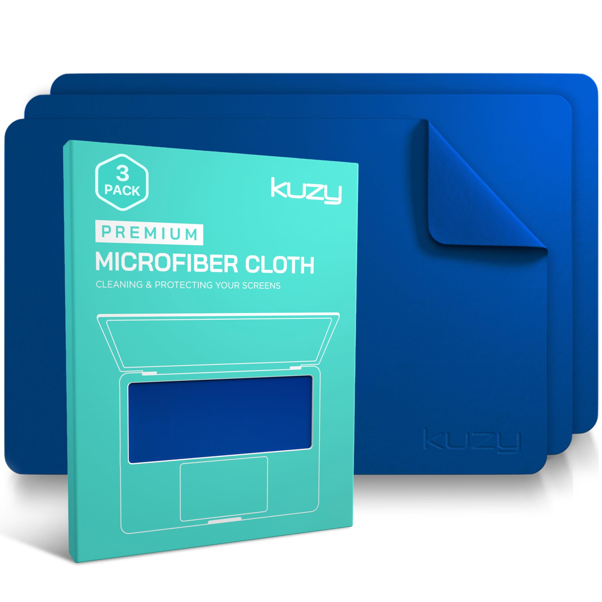 Kuzy 3 Pack Premium Microfiber Cleaning Cloth - Large Reusable Cloth for Glasses, Screens, MacBook Laptops, TVs, and Electronics - Scratch-Free, Lint-Free Cleaner, 3 Pack - Navy Blue