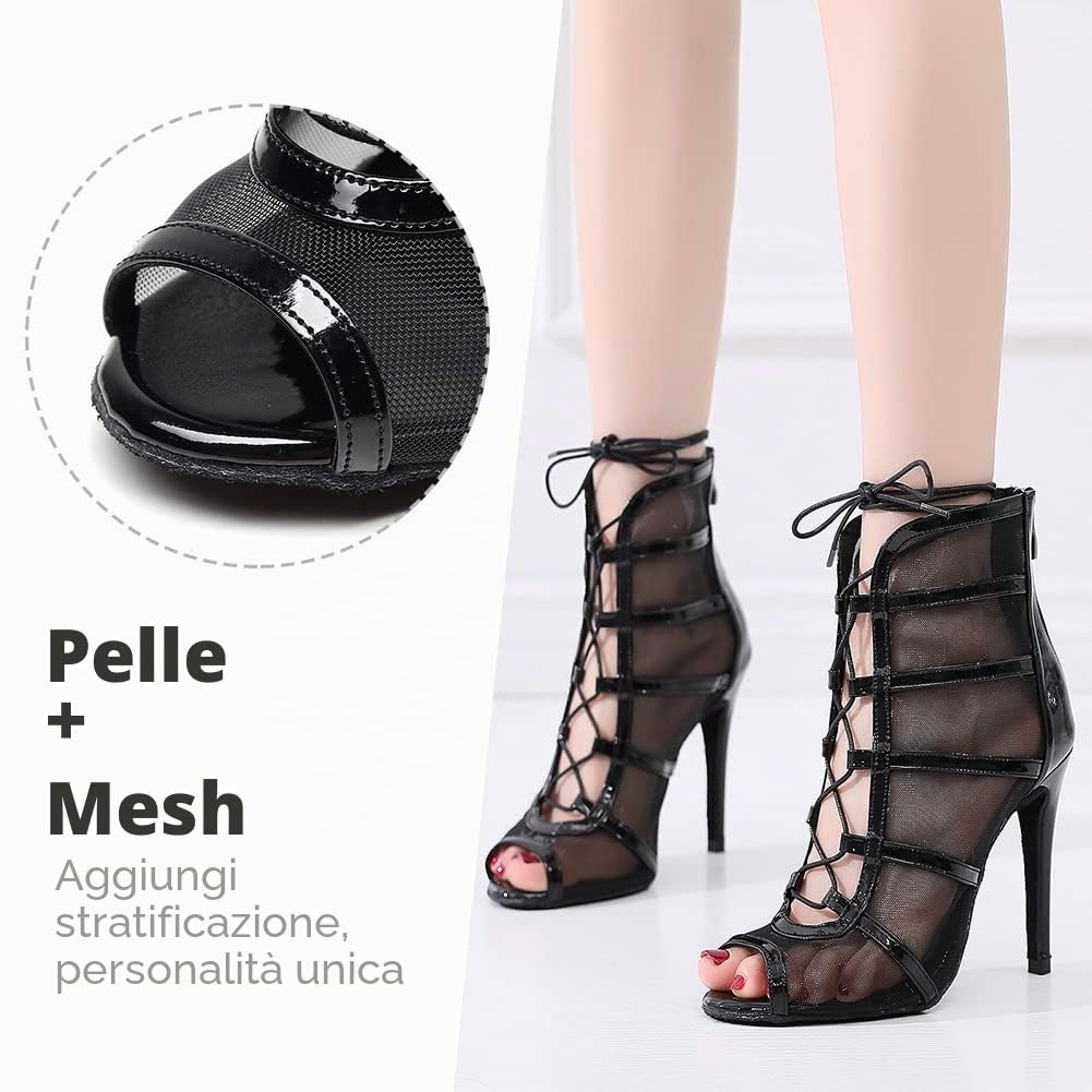 Stivali da Ballo Latino Americano Donna con Punta Aperta con Tacco con Lacci Scarpe da Ballo Donna