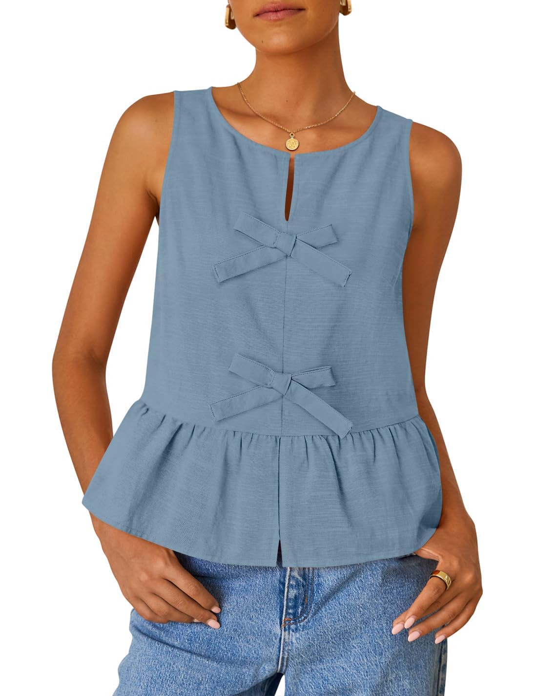 ZESICA Women's Summer Sleeveless Tank Tops Crewneck Tie Front Loose Flowy Ruffle Peplum Babydoll Blouses