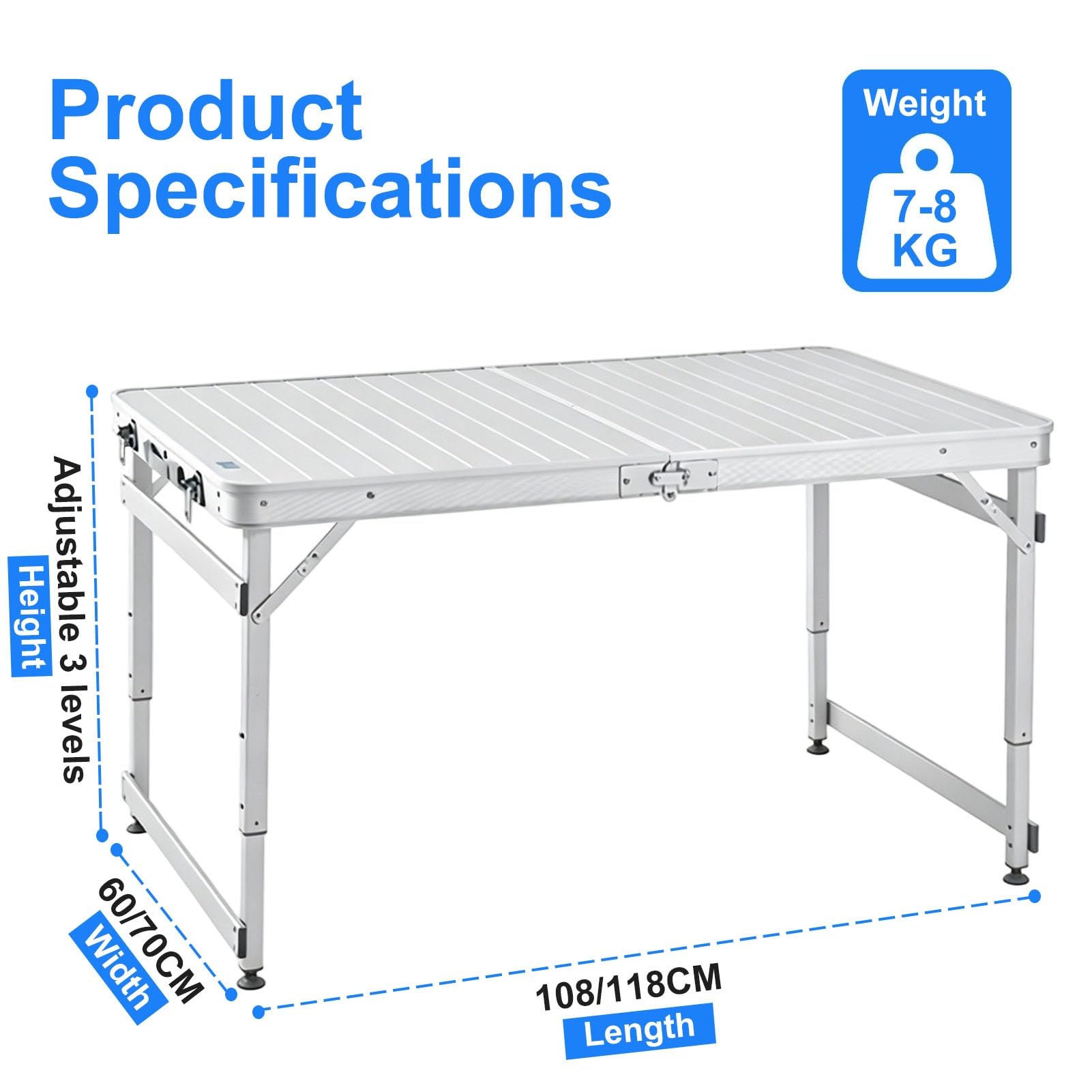 Tavolo da campeggio pieghevole in alluminio con altezza regolabile, manico portatile, leggero, resistente, tattico, multiuso, per picnic, cucina, lavoro, viaggi