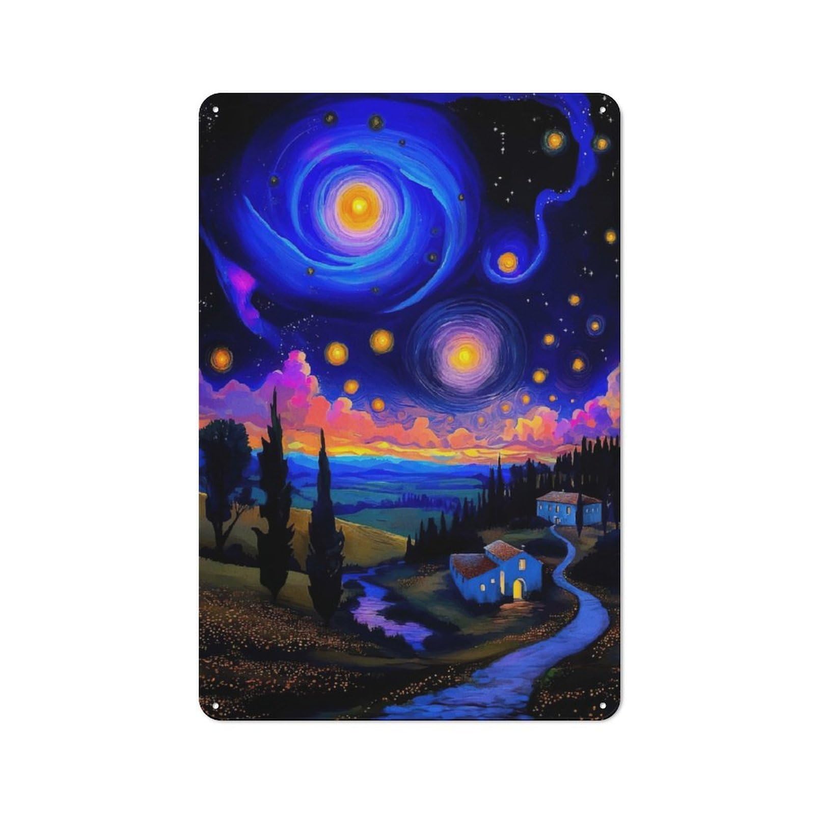 Junmoney Starry Night Landscape Metal Wall Sign 30X20cm, Modern Retro Loft Wall Plaque For Flat, Bar, Studio Or Gallery Wall