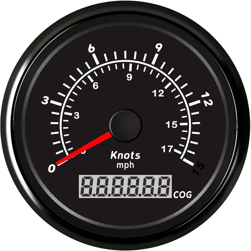ELING 85mm Boat GPS Speedometer Kit 0-15 Knot 0-17 MPH Speed Gauge Course Over Ground with Red Backlight 12V 24V (0-15knots BN)