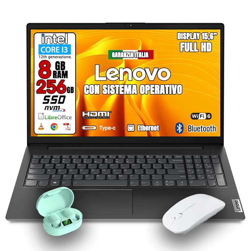 Immagine del prodotto Lenovo Notebook NUOVO Monitor 15.6'' Full HD Intel Core i3 fino a 4,4 GHZ Ram 8GB SSD 256GB Office Pro 2021 Windows 11 pro PRONTO ALL'USO - MOUSE WIRELESS e CHIAVETTA USB 64gb 2 anni di GARANZIA…