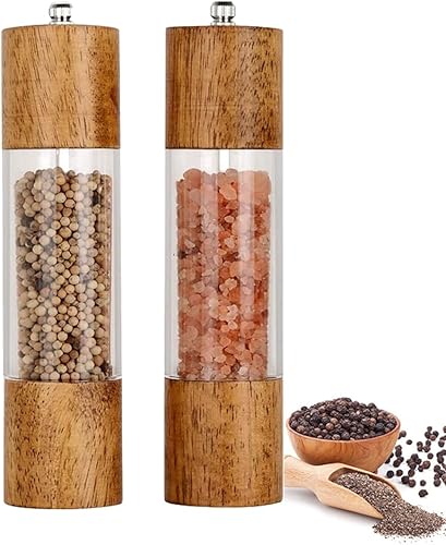 Paquete de 2 molinillo de sal y pimienta, salero y pimentero de madera, molinillo de pimienta ajustable y molinillo de sal para moler grueso y fino,