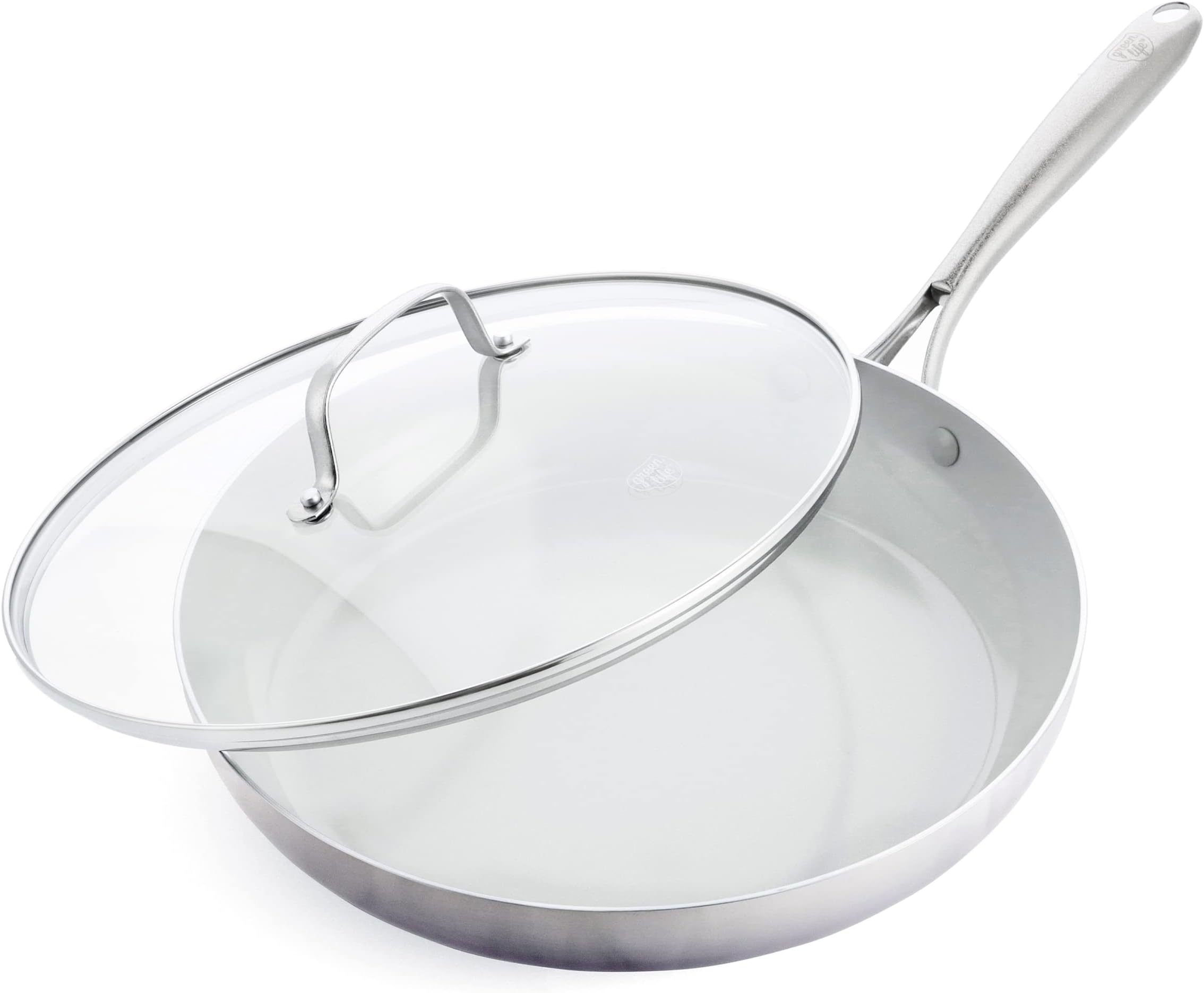 GreenLife Tri-Ply Stainless Steel Healthy Ceramic Nonstick, 12" Frying Pan Skillet with Lid, PFAS-Free, Multi Clad, Induction, Dishwasher Safe, Oven Safe, Silver