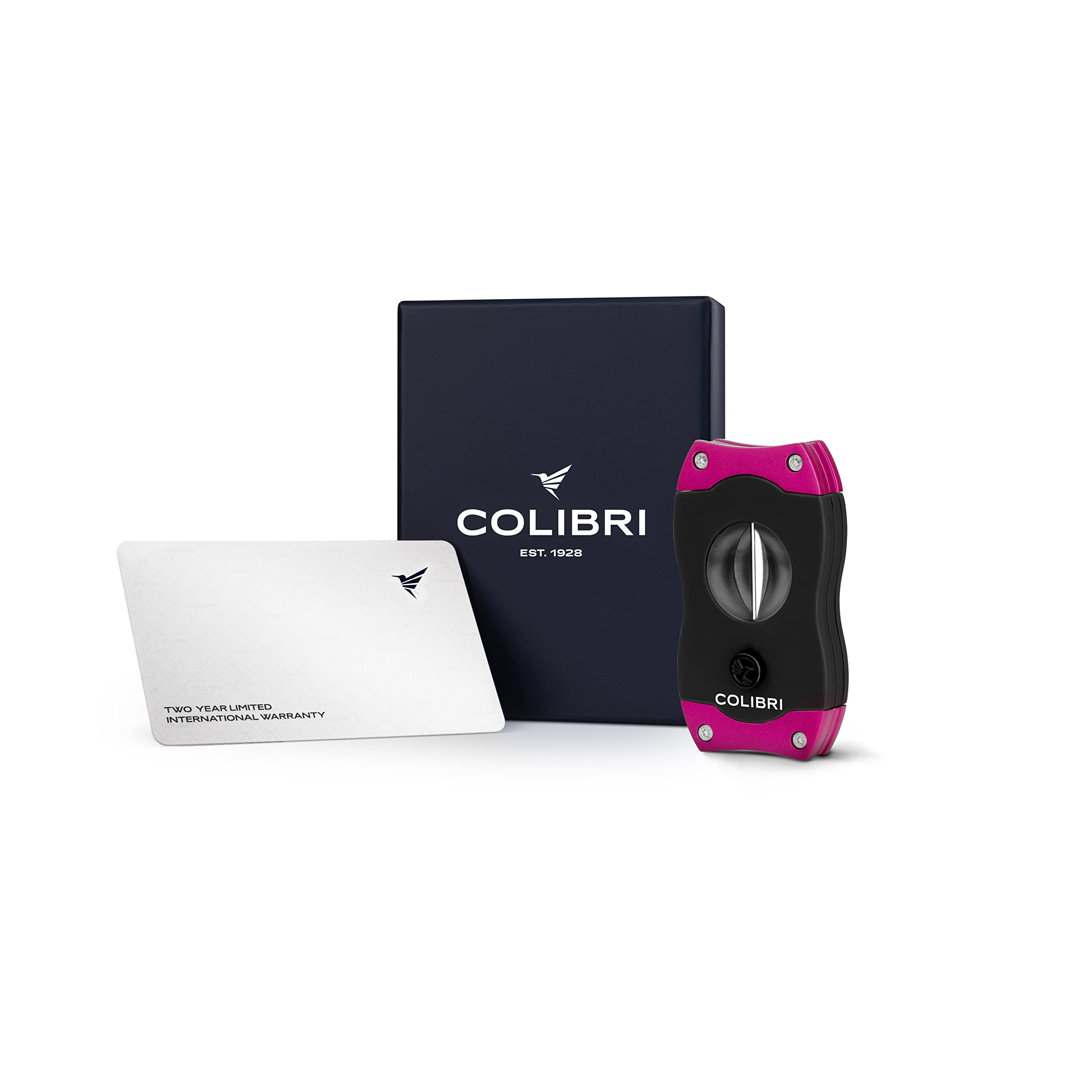 Colibri Obcinarka do cygar V-Cut, czarna z fioletowym wykończeniem, sprężynowe zwalnianie, głębokie cięcie w kształcie litery V 7 mm, do 60+, cygara, ergonomiczna konstrukcja
