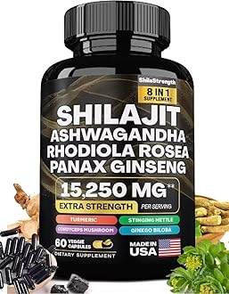 8-in-1 Herbal Supplement with Himalayan Shilajit, Ashwagandha, Rhodiola Rosea, Ginseng, 15250mg | Natural Dietary Supplement (60 Capsule, Shilajit)