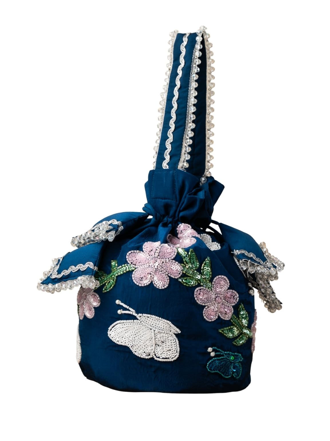 Women's Dark Blue Butterfly Round Potli Bag | Hand Embroidered Silk Potli Bags - Handcrafted for Weddings, Festive Season & Special Occasions with Beads and Sequins - Made in India-image-12