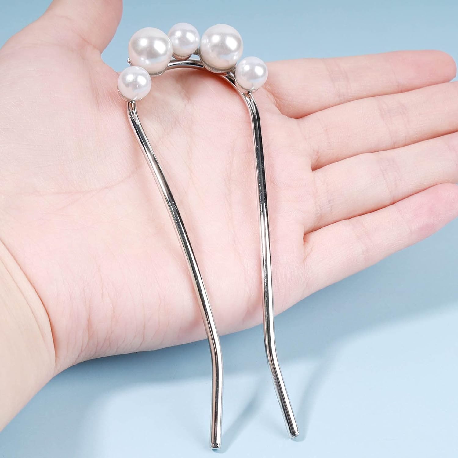 2 PCS Minimalist Pearl U Shape Hairpin Metal Silver Hair Fork Stick Updo Hair Sticks Clip French Pearl Hair Pin Decorative Hair Accessories for Women and Girl Headdress 1