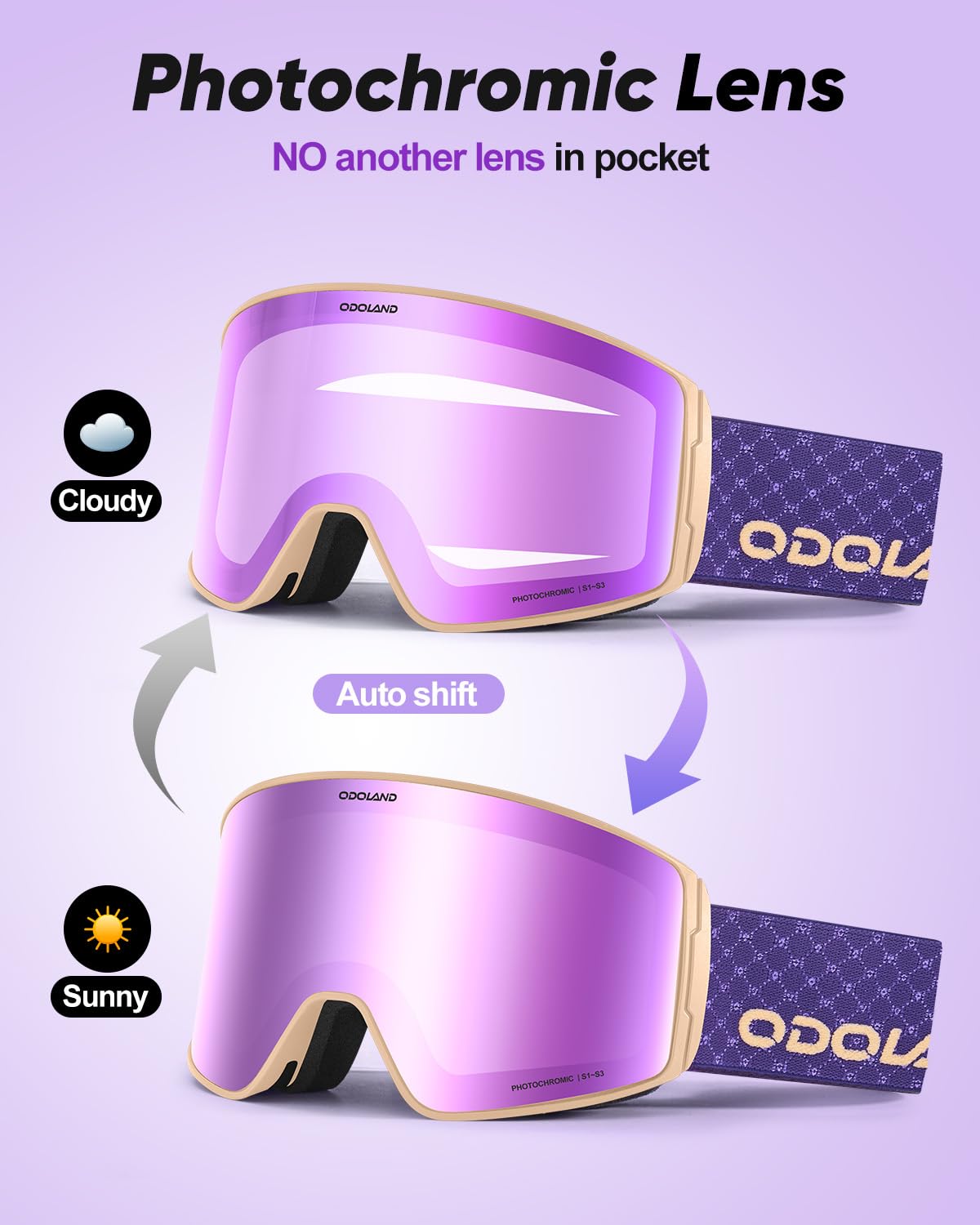 Odoland Occhiali da Sci Fotocromatici per Giornate Soleggiate e Nuvolose Maschera da Snowboard Cilindrici Antiappannamento Protezione UV400 Occhiali da Sci e Snowboard per Adulti Ragazzi Uomo Donna