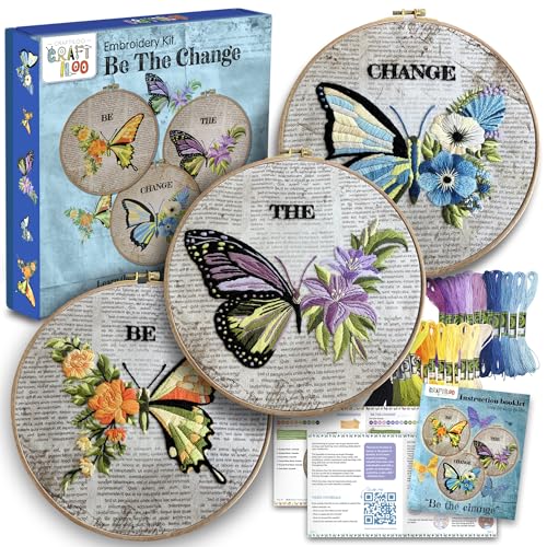 Image of CRAFTILOO Embroidery Kits for Adults Hand Embroidery kit for Beginners with Stamped Embroidery Patterns Starter Embroidery Kit. Needlepoint kit Cross Stitch kit for Teens& Adults Butterflies
