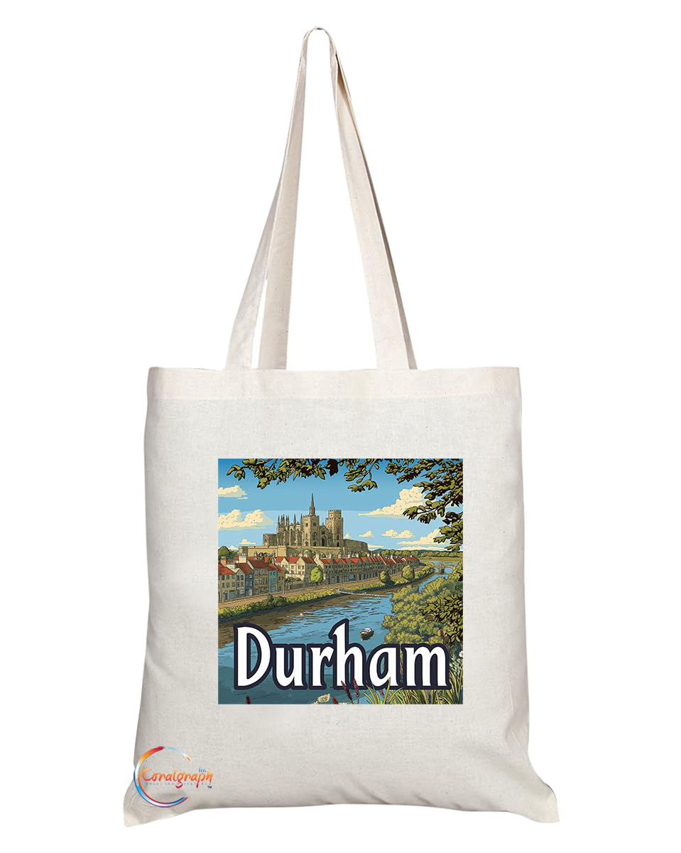 Coralgraph Natural Reusable Shopping Souvenir Tote Bag Featuring Cities and Landmarks in United Kingdom (Durham)