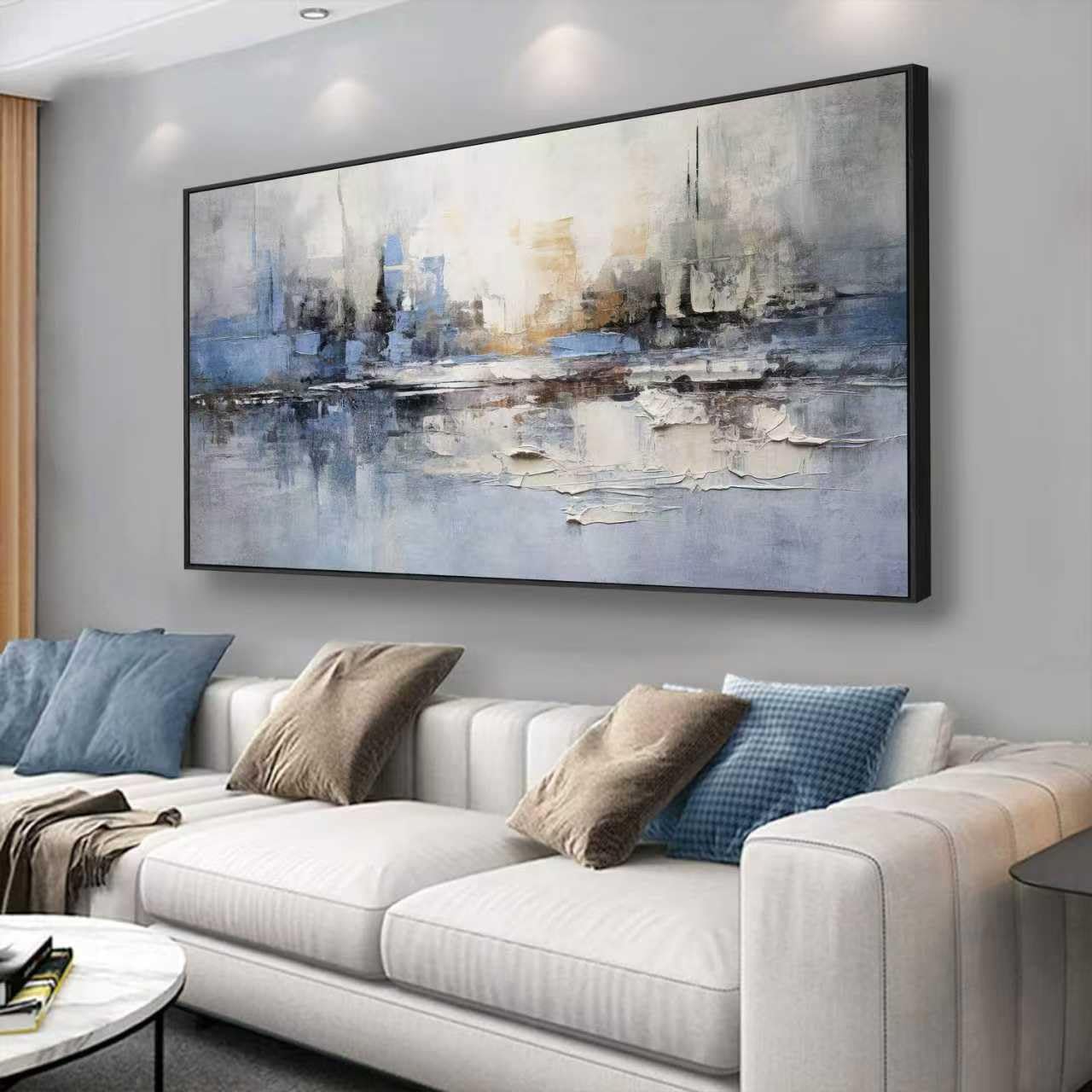 Abstract Wall Art Blue and White Reflection Large Size Framed Artwork Wall Decor Canvas Painting Stretched Canvas Wooden