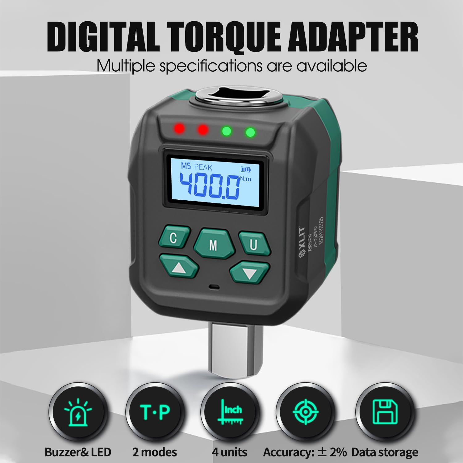 Adaptador de par digital de 1/2" ± 2% de precisión 20-400 Nm con señal acústica e indicador LED, juego de adaptadores de tuerca de 1/4" 3/8" para reparación de coches