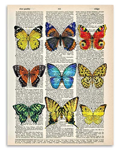 Upcycled Dictionary Art - Butterflies Multicolored - Colorful Butterflies Wall