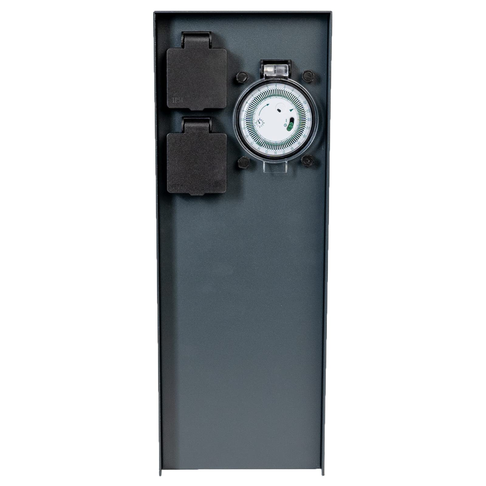 Grafner Edelstahl Design Gartensteckdose mit Zeitschaltuhr 2 Steckdosen, anthrazit, ON/AUTO, 3600 Watt, Pulverbeschichtung, Energiesäule Timer Mehrfach Metall Außen Steckdose 2-Fach schwarz lackiert