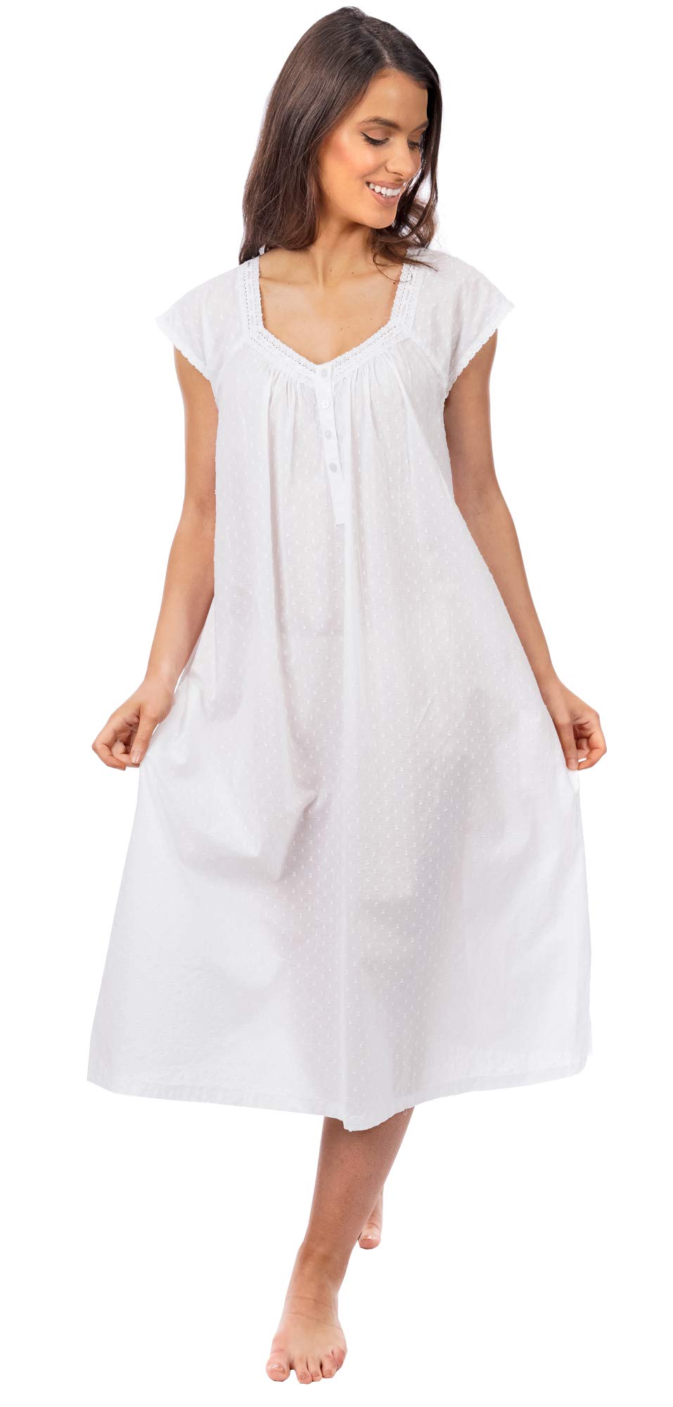 i-Smalls Camisón para mujer, 100% algodón, transpirable, manga corta, con ribete de encaje, diseño victoriano