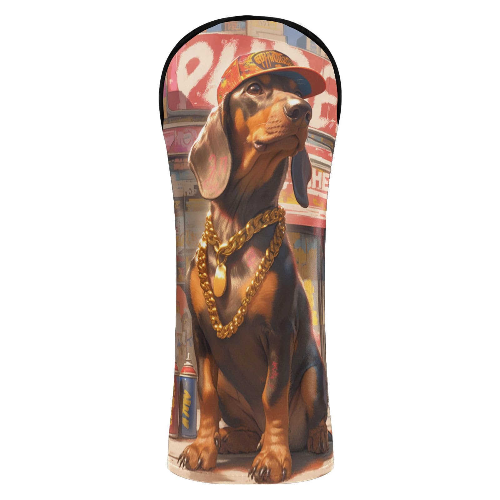 Dachshund with Gold Chains Wildstyle Graffiti Golf Cover Waterproof Headcovers with Number Tags for Driver/Fairway Wood/Hybrid