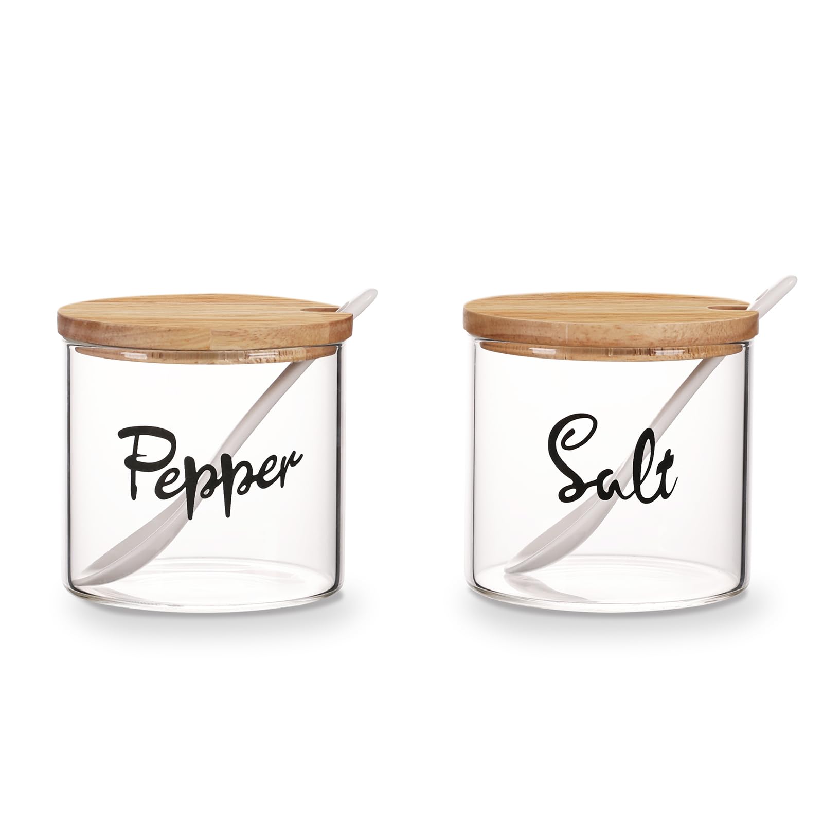 HAOTOPClear Glass Pepper and Salt Bowl with Serving Spoon and Bamboo Lid, Farmhouse Kitchen Countertop Canisters, Container Jar Dispenser Holder for Home Kitchen,12 oz