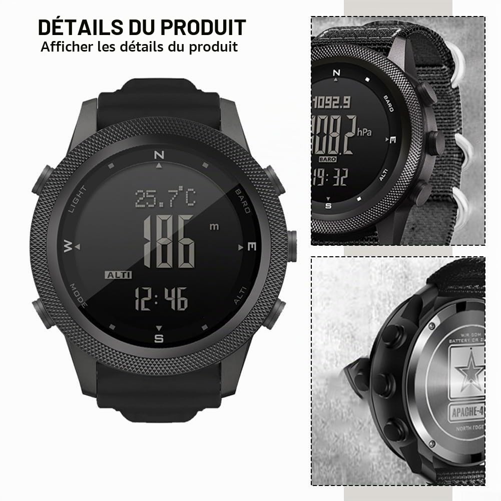 North-Edge AP46 Montre intelligente tactique pour homme avec boussole, thermomètre, podomètre et rétro-éclairage EL, boîtier en métal, design léger pour sport de plein air, compatible avec