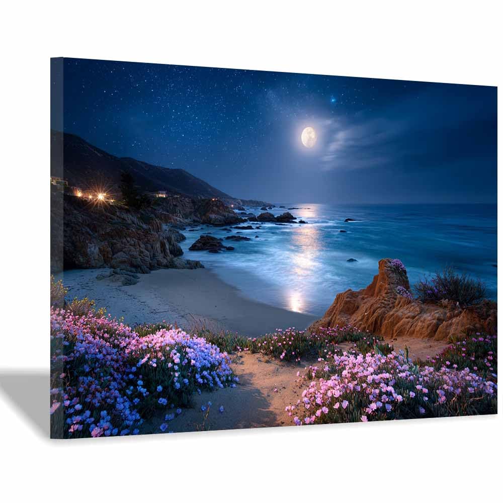 HOQIU Vintage wall art Moonlit Coastal Wildflowers decorative painting, wall art, for Living Room Bathroom Bedroom Kitchen Decoration.(Multicolor)-20x30cm Framed