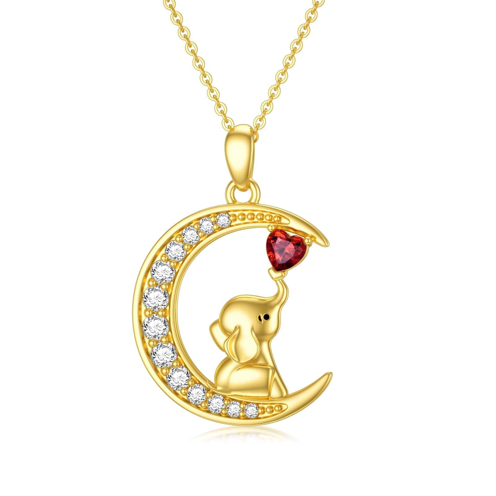Ayafee 14K Gold Lucky Elephant Necklace with Garnet Moon Necklace with Moissanite Cute Animal Jewelry Gift ...