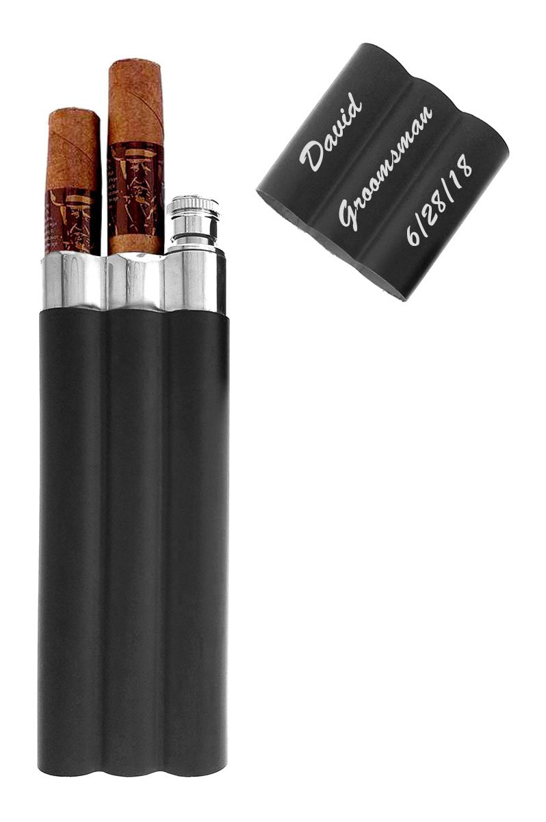 Gifts Infinity® Personalized 2oz Black Stainless Steel Flask with 2 Cigar Tubes Free Engraving