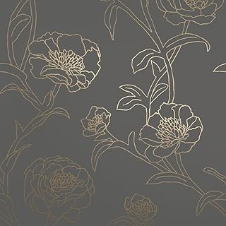 Tempaper Noir & Metallic Gold Peonies Removable Peel and Stick Floral Wa...
