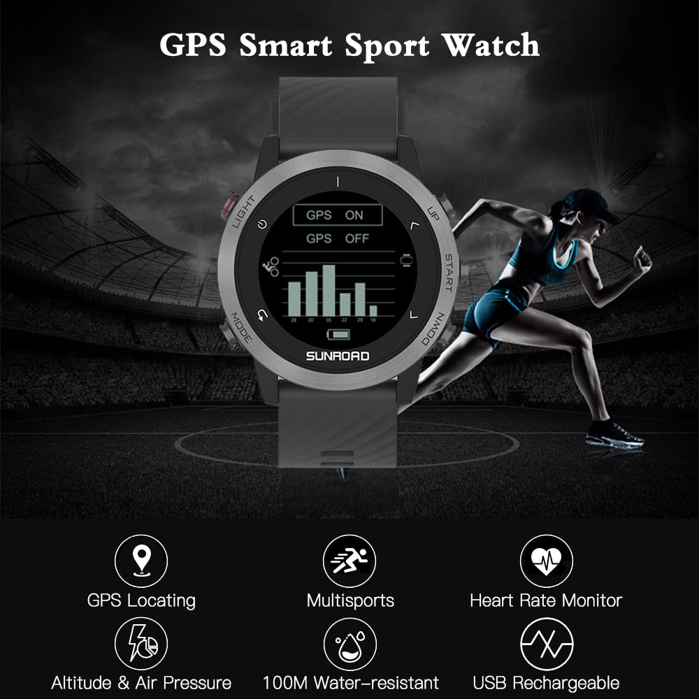 Irfora Zegarek sportowy GPS, zegarek sportowy z pulsometrem, wodoszczelny, do biegania, pływania, jazdy na rowerze, wspinaczki