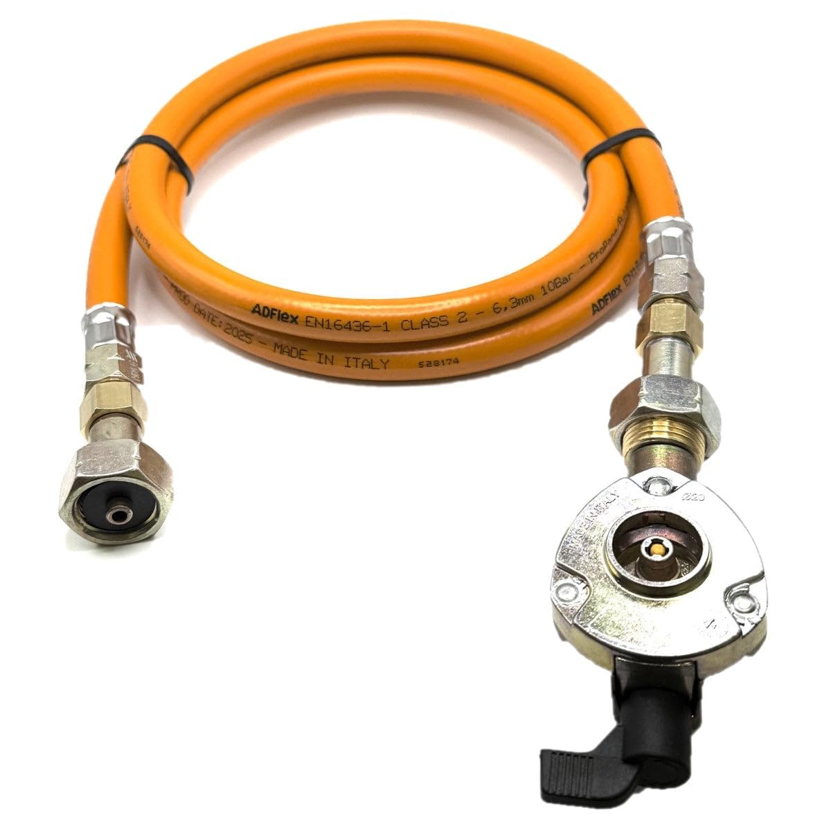 Tubo gas ad alta pressione GPL 1,5 m arancione – Adattatore per bombola gas da 20 mm con clip per attacco a 21,8 mm LH, senza valvola di non ritorno