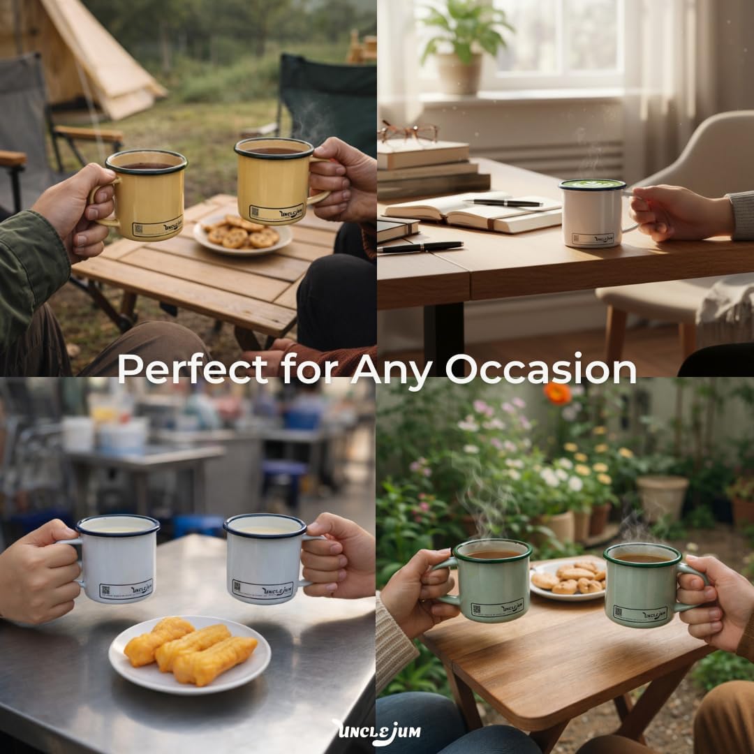 Enamel Mug Set of 2 – Classic Enamel Coffee Cups with Handle for Coffee, Tea, Milk or Camping Use (white, 300, Milliliters)