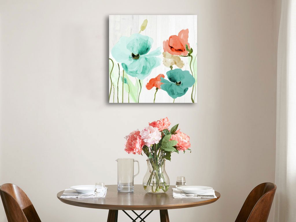 Genius Decor - Teal and Coral Flowers Floral Canvas Wall Art Decor (Teal Coral, 16x16inch)