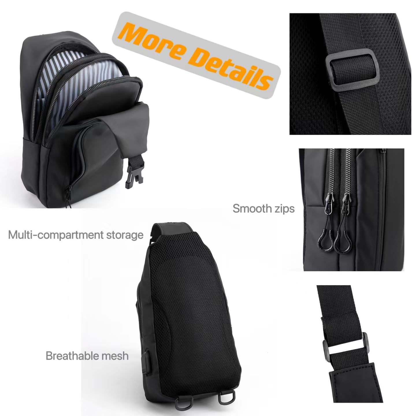 Umhängetasche Herren Klein, Leichte & Wasserdichte Sling Bag für Männer, Brustbeutel/Crossbody Bag für Travel, Festival, Alltag, Wandern & Radfahren (Schwarz)
