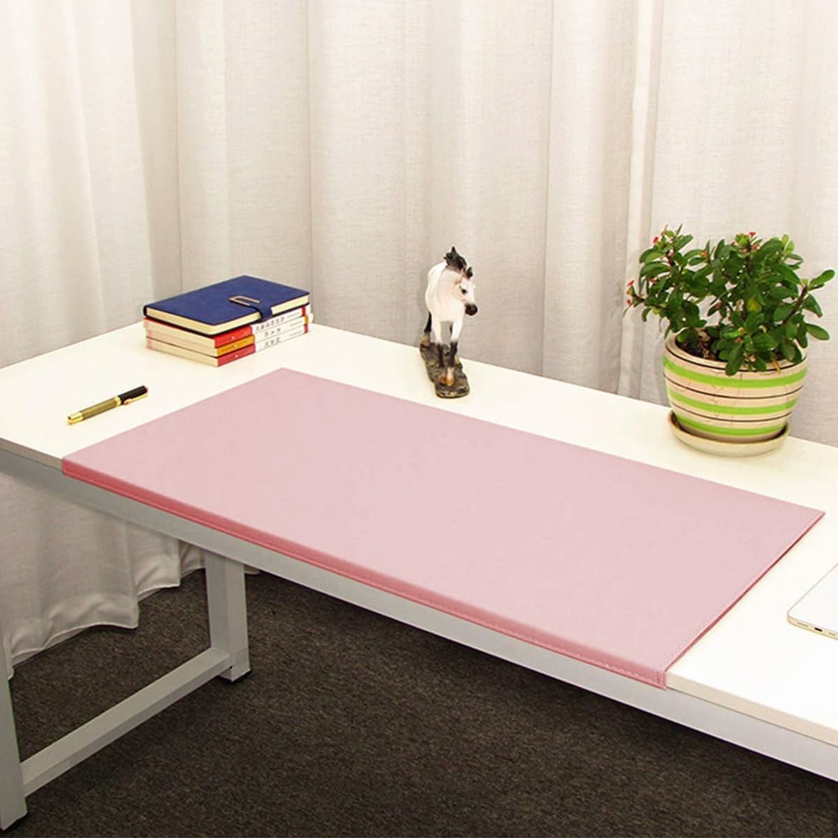 Edge-Locked Desk Pad, Large PU Leather Table Mat with Edge Protector, Waterproof Non-Slip Writing Mats, Laptop Mouse Pads for Office Home Work Study Typing (Pink,70x35cm)