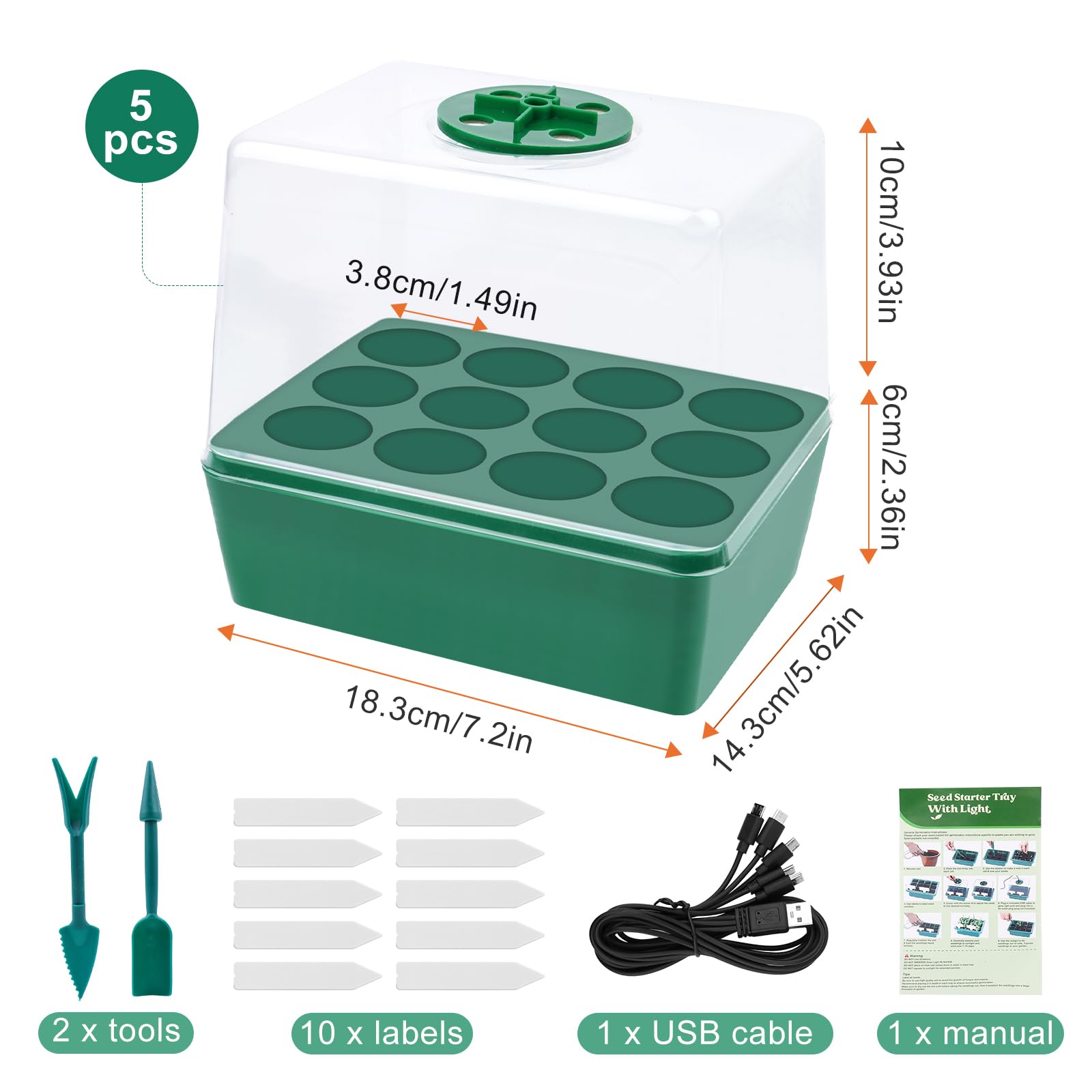5 Pezzi Vassoi per Germinazione, Mini Serra Germinazione, Vassoi per Semi con Luce di Coltivazione, Semenzaio Propagatore Semi con Coperchi Alto con 10 Etichette, 2 Strumenti per Piante da Semina