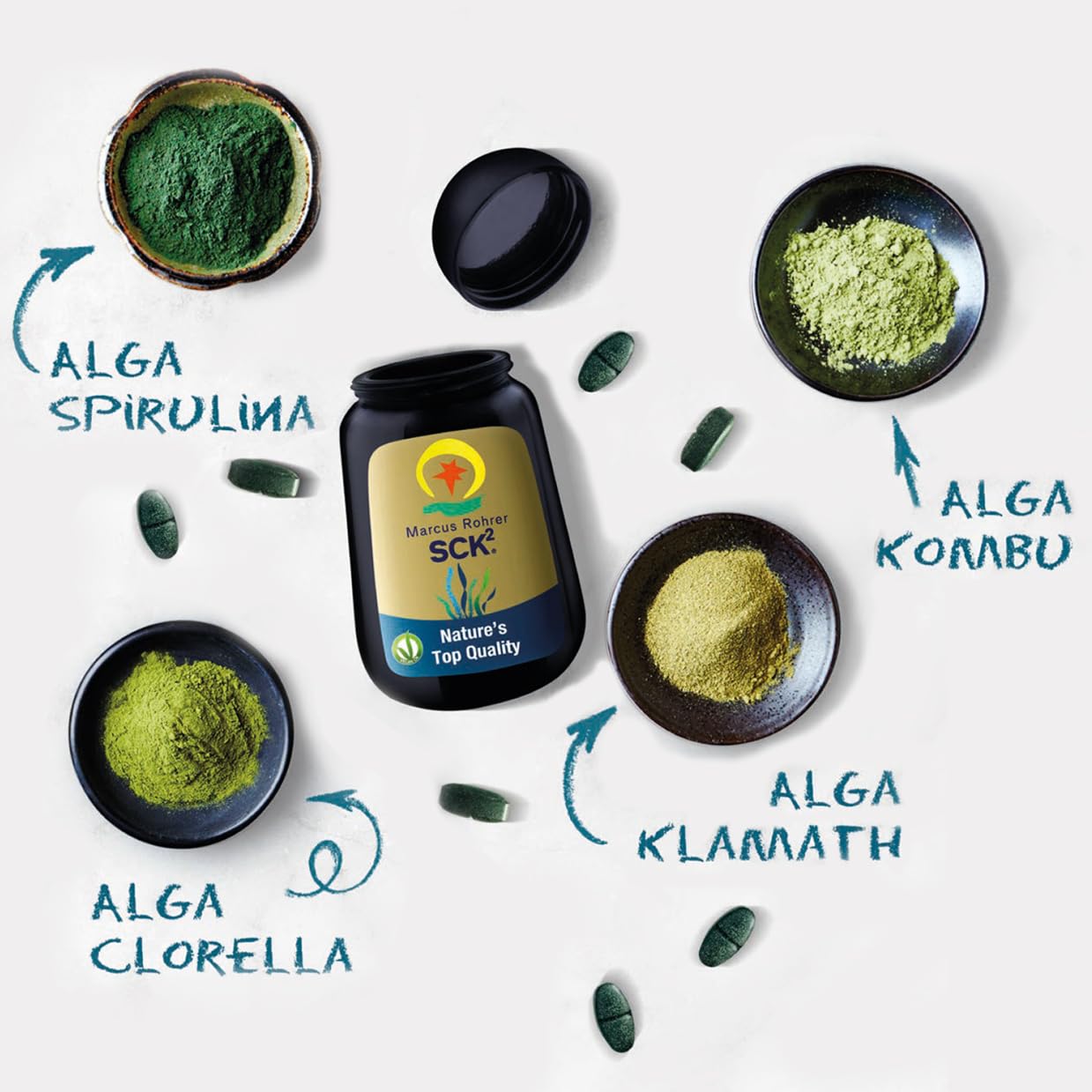 MARCUS ROHRER SCK2, Spirulina, Clorella, Kombu, Klamath, Metabolismo, Perdita di Peso, Integratore Alimentare, Naturale, Vegan, 60 Compresse (1 Mese)