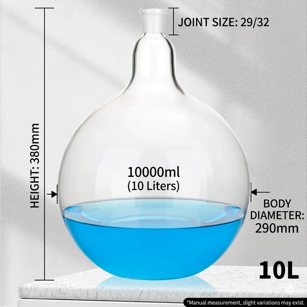 VIDOO Kolba Okrągłodenna Płaskodenna z Jedną Szyjką, ze Szkła Borokrzemowego 3.3, Laboratoryjna Kolba do Ogrzewania, 10000ml z 29# Szlifami