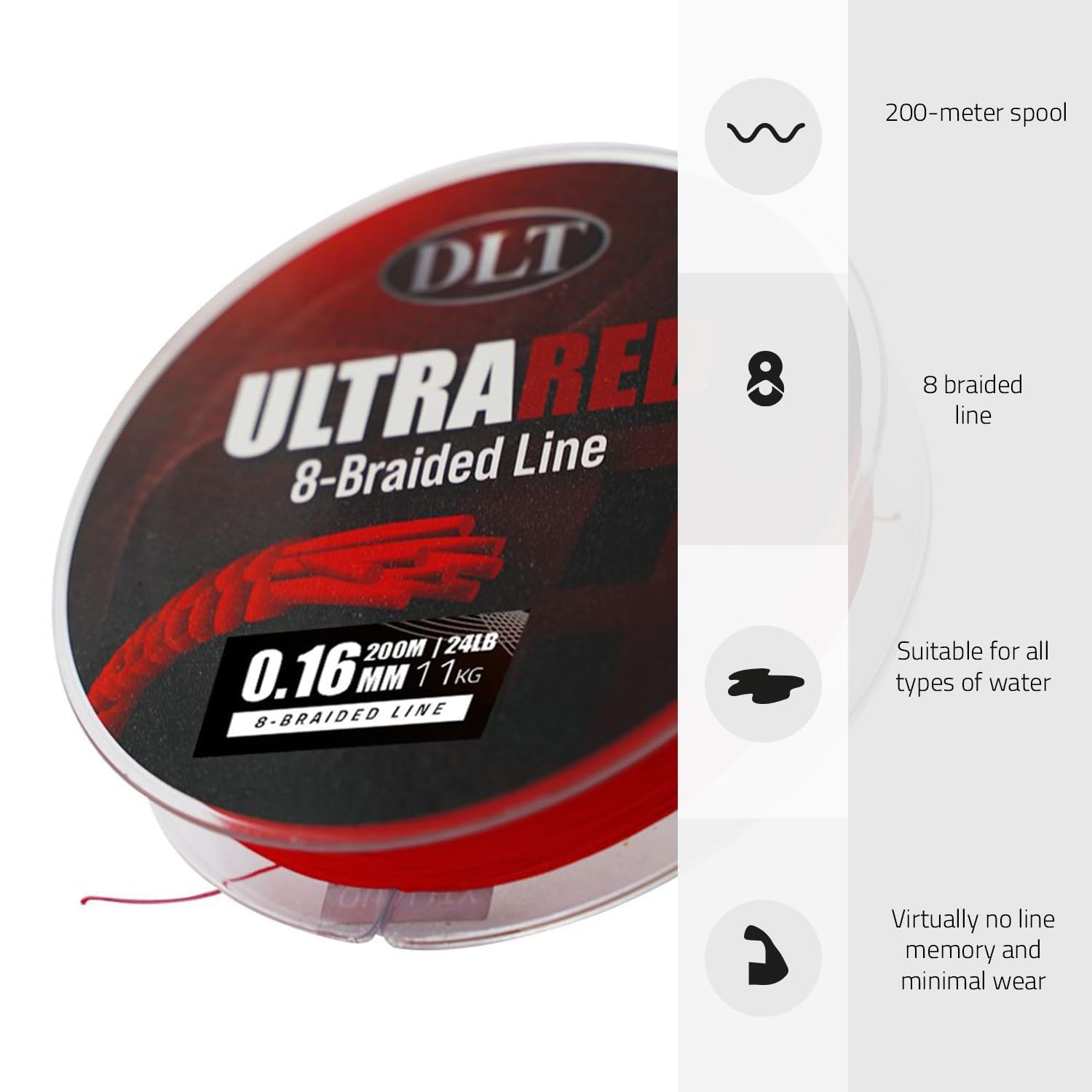 DLT UltraRed-8 Geflochtene Angelschnur 200m - Glatt, Glatt & Dehnbar - Verbesserte Wurfeigenschaften und Unterwasserwirkung - Mikrobeschichtung für Wasserabweisung - Aus 8 Strängen Linie Geflochten